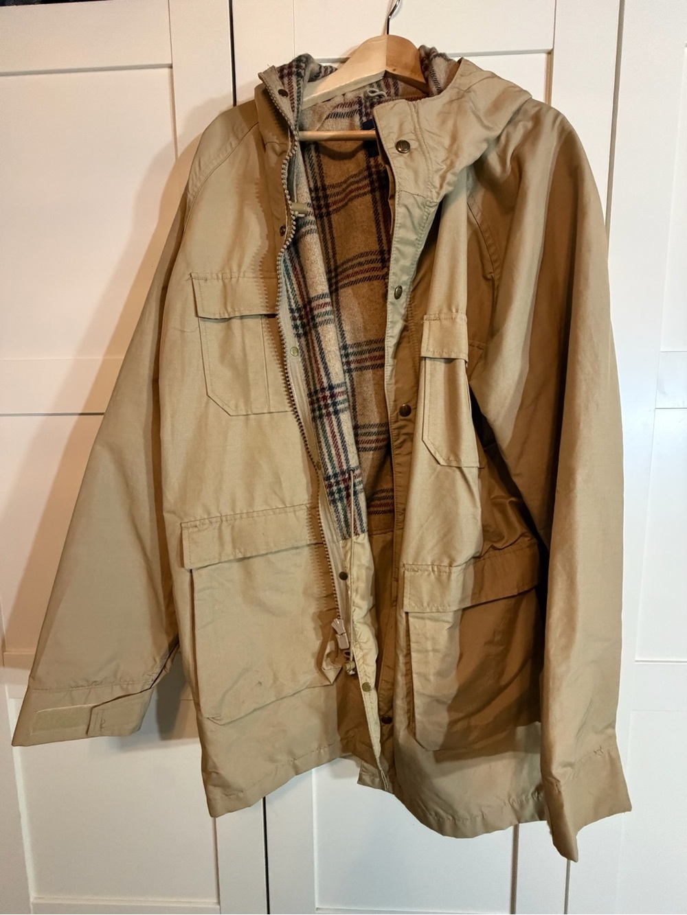 Lands' End Tan Hooded Field Jacket with Plaid Lining W